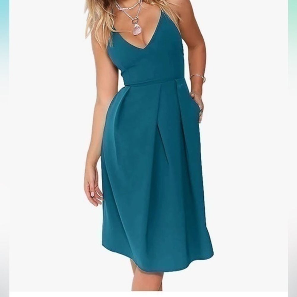 NWT Teal Deep V Neck Spaghetti Strap Summer Dress